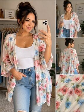PINKMSTYLE Sheer Floral Kimono Cardigan - White with Pink & Blue Floral